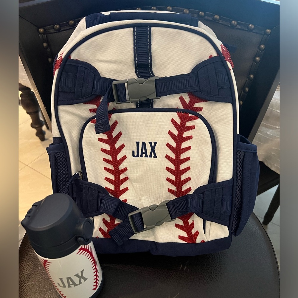 Pottery Barn kids backpack with thermos , name Jax on front
